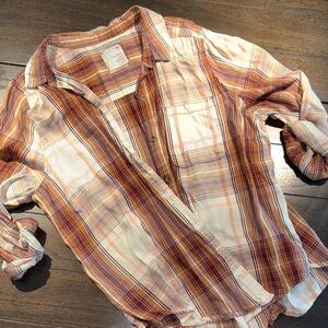 SO Women's Plaid Button Down Shirt in Brown and White